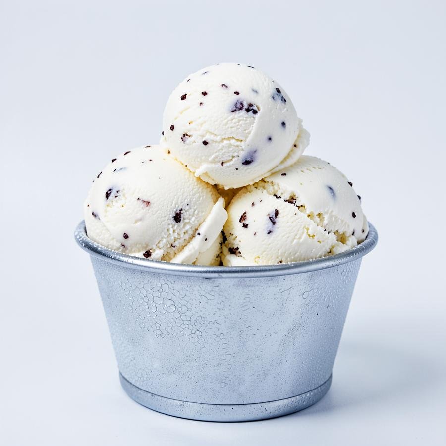 Scoops of vanilla ice cream in a metal cup